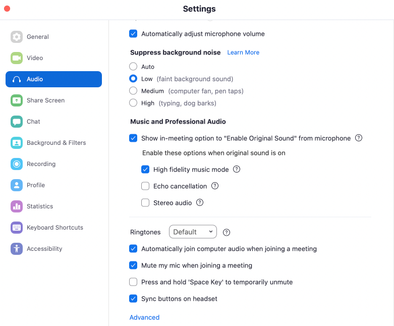 Optimal audio settings for lessons on Lessonface