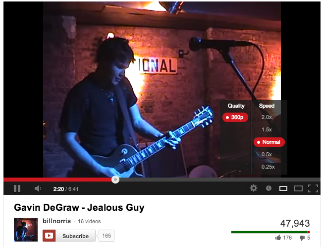 HTML5 YouTube Slow Song Down Billy Norris Gavin DeGraw John Lennon "Jealous Man"