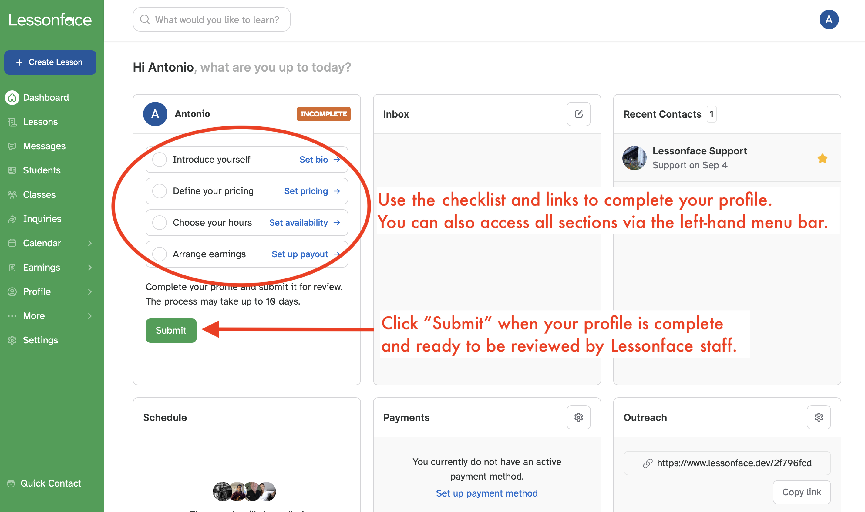 Dashboard for a new teacher account
