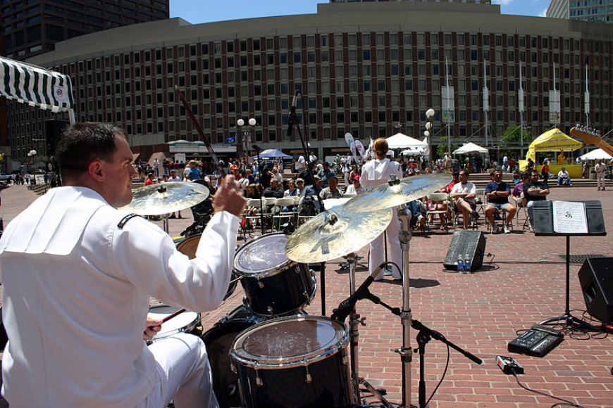 Musician 1st Class Jason Robertson, band leader and drummer, By U.S. Navy photo by Chief Mass Communication Specialist Dave Kaylor