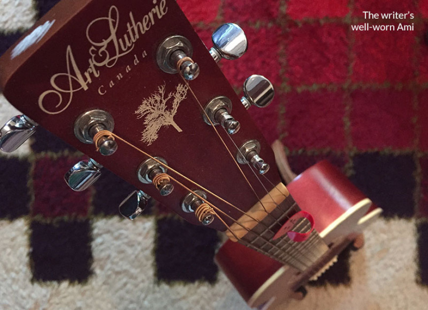 art and luthrie ami parlor guitar on colorful rug