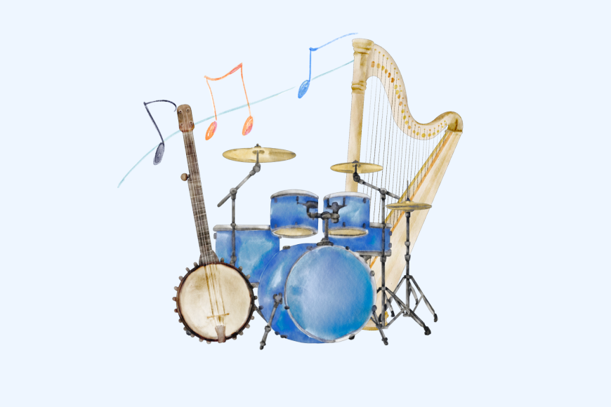 image of watercolor illustration of a banjo, drums, a harp and music notes with a light blue background