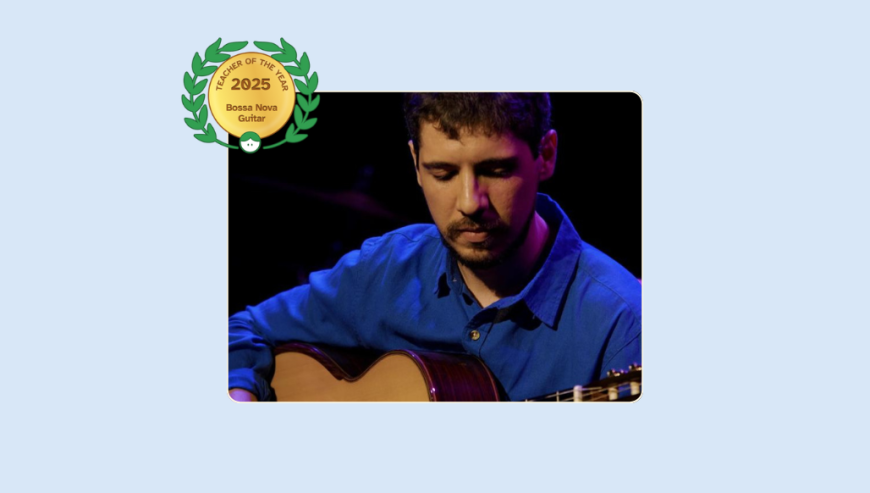 Image of João Vasconcelos playing the guitar on stage during a performance with his Lessonface Teacher of the Year in Bossa Nova Guitar badge