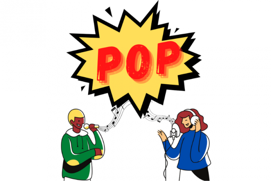 Drawing of two singers with the caption "POP" in bright red letters.