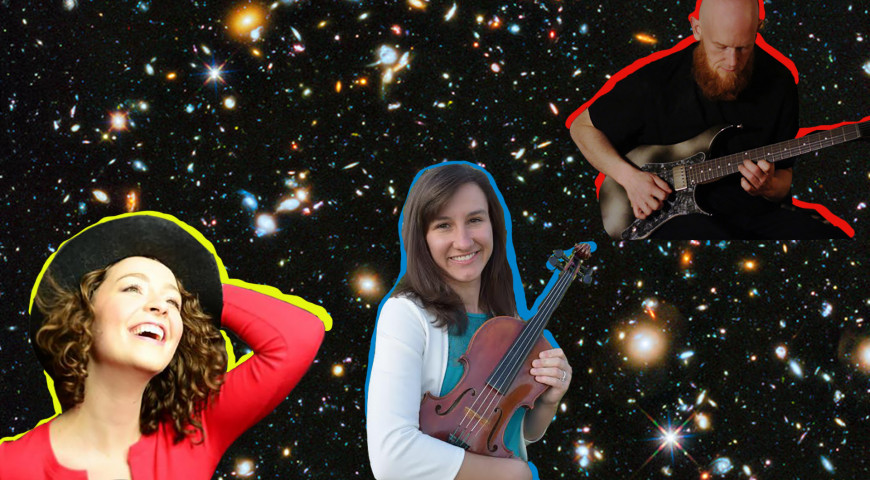 fun graphic with successful online music teachers in a galaxy