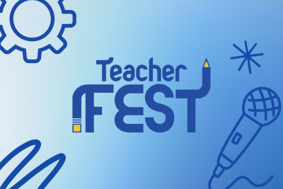 Blue gradient with a decorative setting wheel, squiggle and microphone with the TeacherFest logo