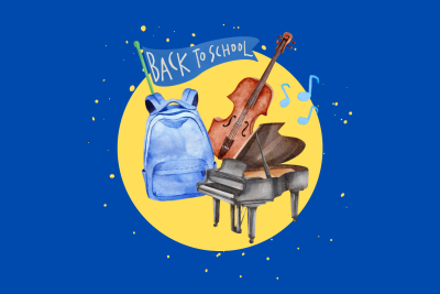 Image of our Back to School promo banner, with a back to school flag, backpack, violin, piano and music notes with a blue background and yellow decorative circle