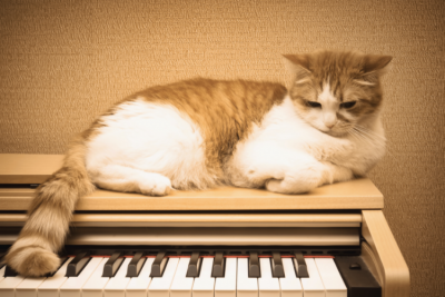 Cat relaxing on a piano.