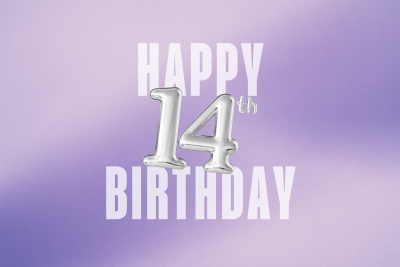 Image of a purple gradient that says Happy 14th Birthday with 14th birthday balloons
