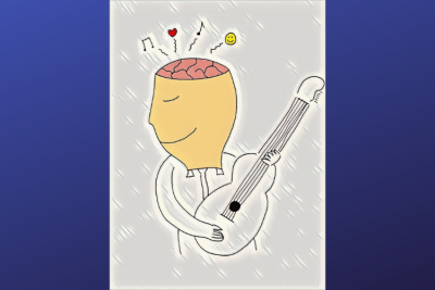 Original artwork by Magesh depicting an adult playing guitar, causing positive effects on the guitarists mental health.