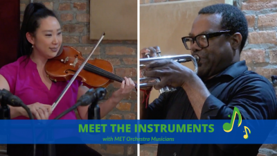 A professional violinist and professional trumpeter from the MET Orchestra playing their instruments during an interview about how students can choose the right instrument.