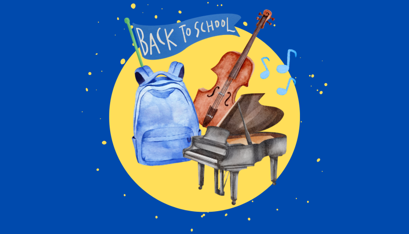 Image of our Back to School promo banner, with a back to school flag, backpack, violin, piano and music notes with a blue background and yellow decorative circle