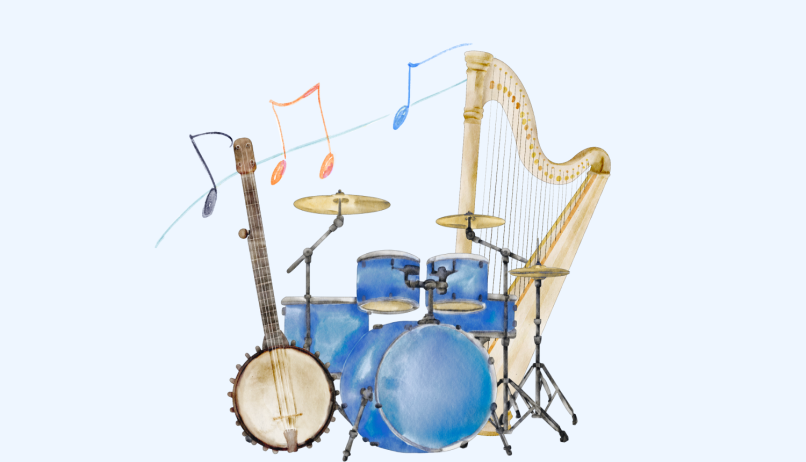 image of watercolor illustration of a banjo, drums, a harp and music notes with a light blue background