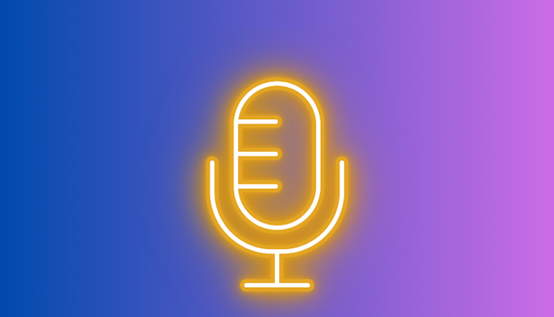 Image of a blue and purple gradient with a yellow neon microphone symbol