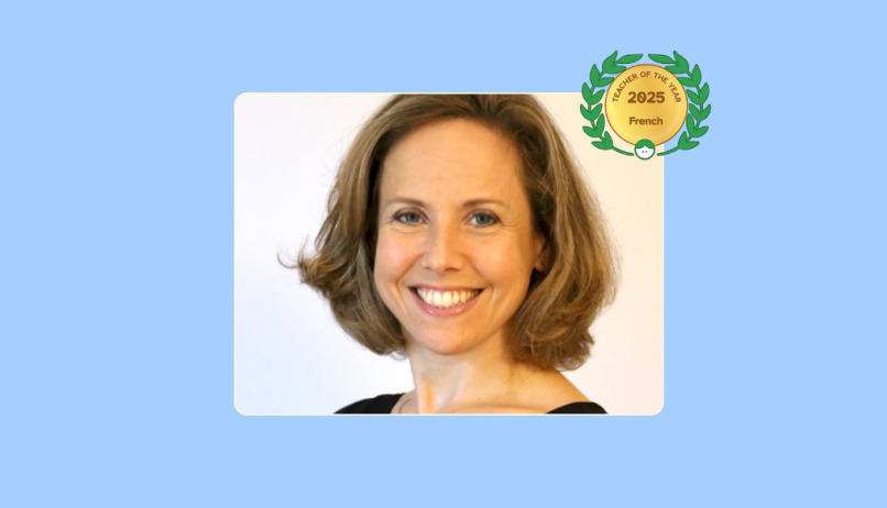 Image of Evelyne K. with her Lessonface Teacher of the Year for French