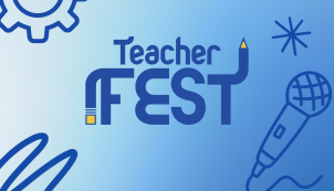 Blue gradient with a decorative setting wheel, squiggle and microphone with the TeacherFest logo
