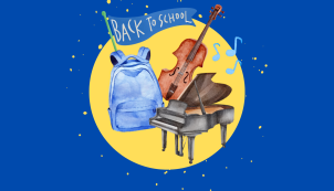 Image of our Back to School promo banner, with a back to school flag, backpack, violin, piano and music notes with a blue background and yellow decorative circle