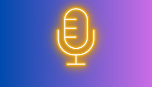Image of a blue and purple gradient with a yellow neon microphone symbol