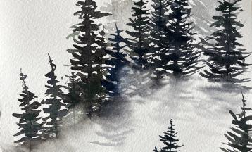 Painting Snowy Evergreens for a Holiday Card