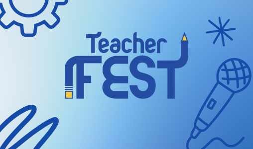 Blue gradient with a decorative setting wheel, squiggle and microphone with the TeacherFest logo