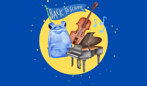 Image of our Back to School promo banner, with a back to school flag, backpack, violin, piano and music notes with a blue background and yellow decorative circle