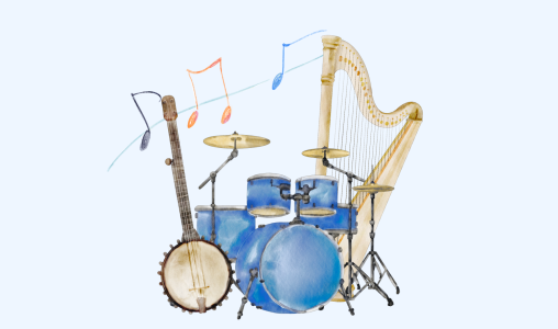 image of watercolor illustration of a banjo, drums, a harp and music notes with a light blue background