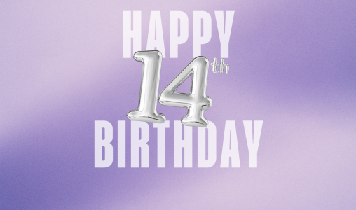 Image of a purple gradient that says Happy 14th Birthday with 14th birthday balloons