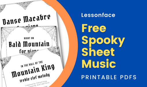 Image of spooky sheet music with the text "Free Spooky Sheet Music - Printable PDFs"